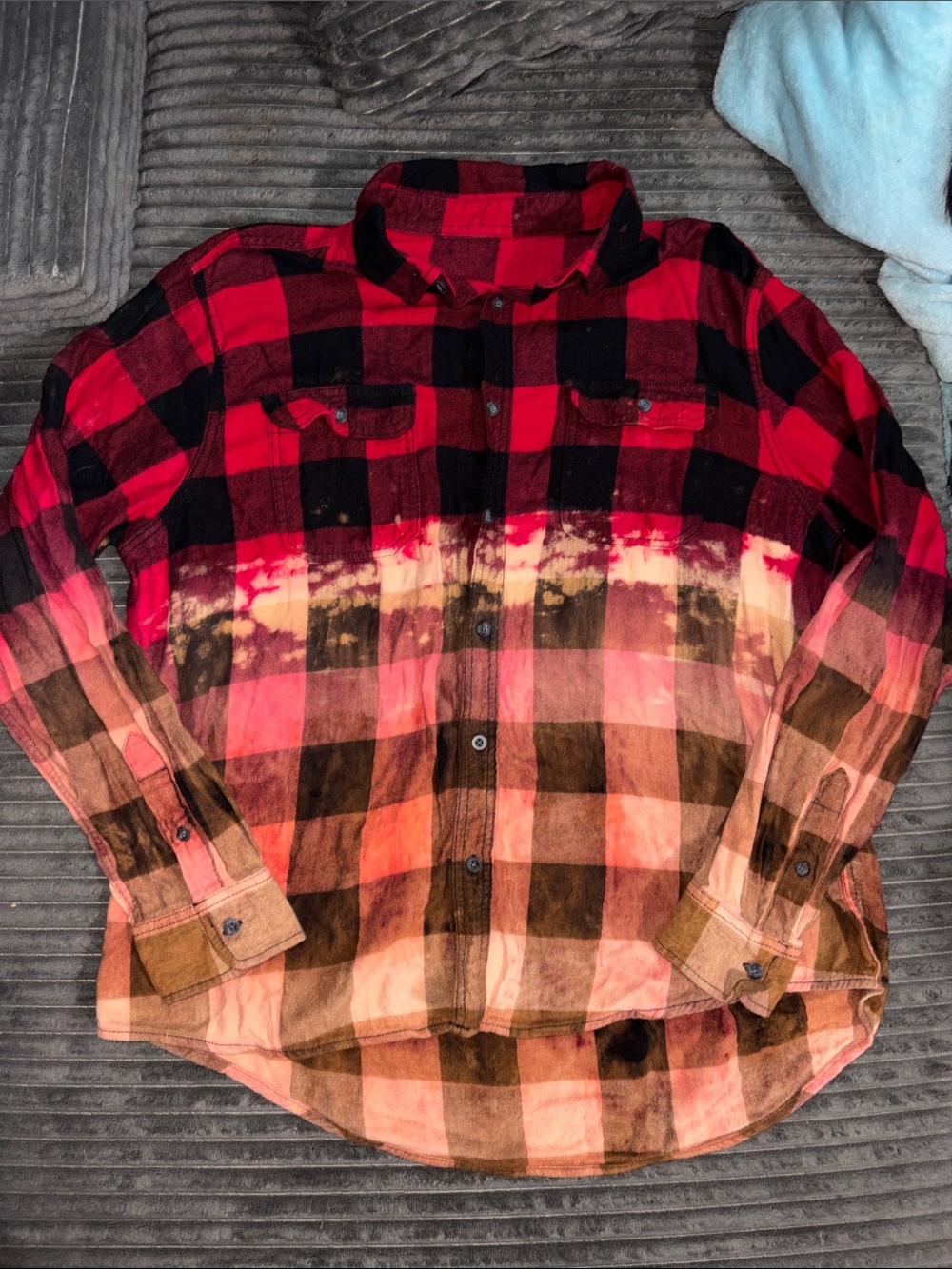 Women's Red, Black & Brown Bleached Ombre Plaid Button-Down Shirt